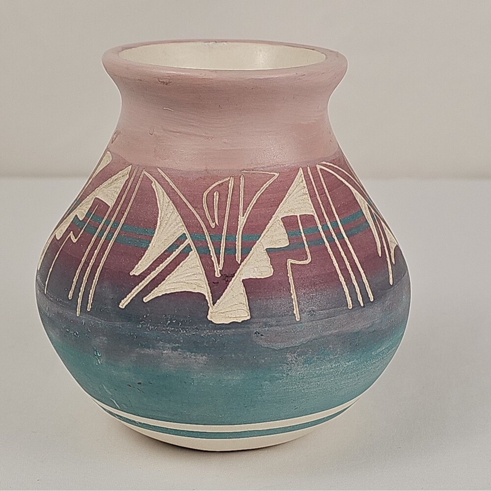 Mesa Verde Pottery Signed Southwestern Geometric Mini Vase with Info Card